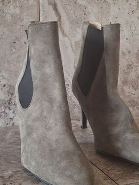 Women's Antonio De Faria Suede Ankle Booties in Olive with Elastic Insets